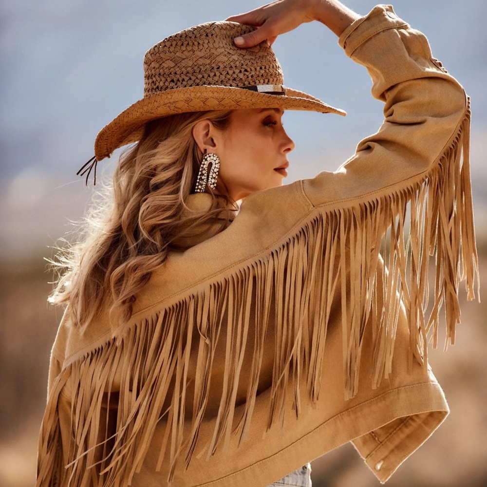 12th tribe Desert Palm Tan Fringe Denim Jacket size Small never worn, tags on